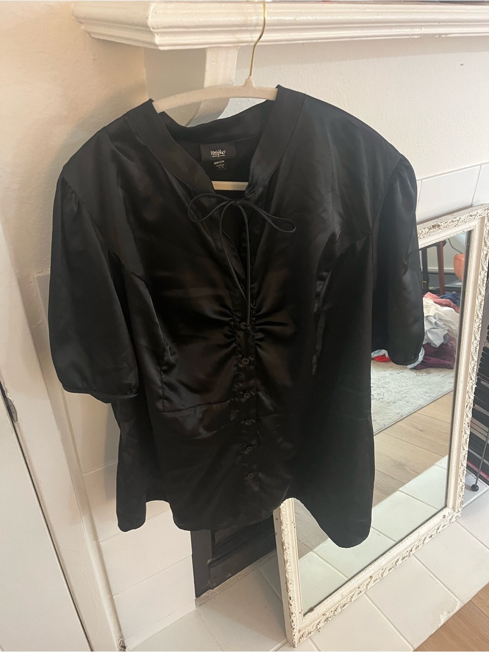 Mossimo Supply Co. Black Satin Short Sleeve Button Front Tie Blouse